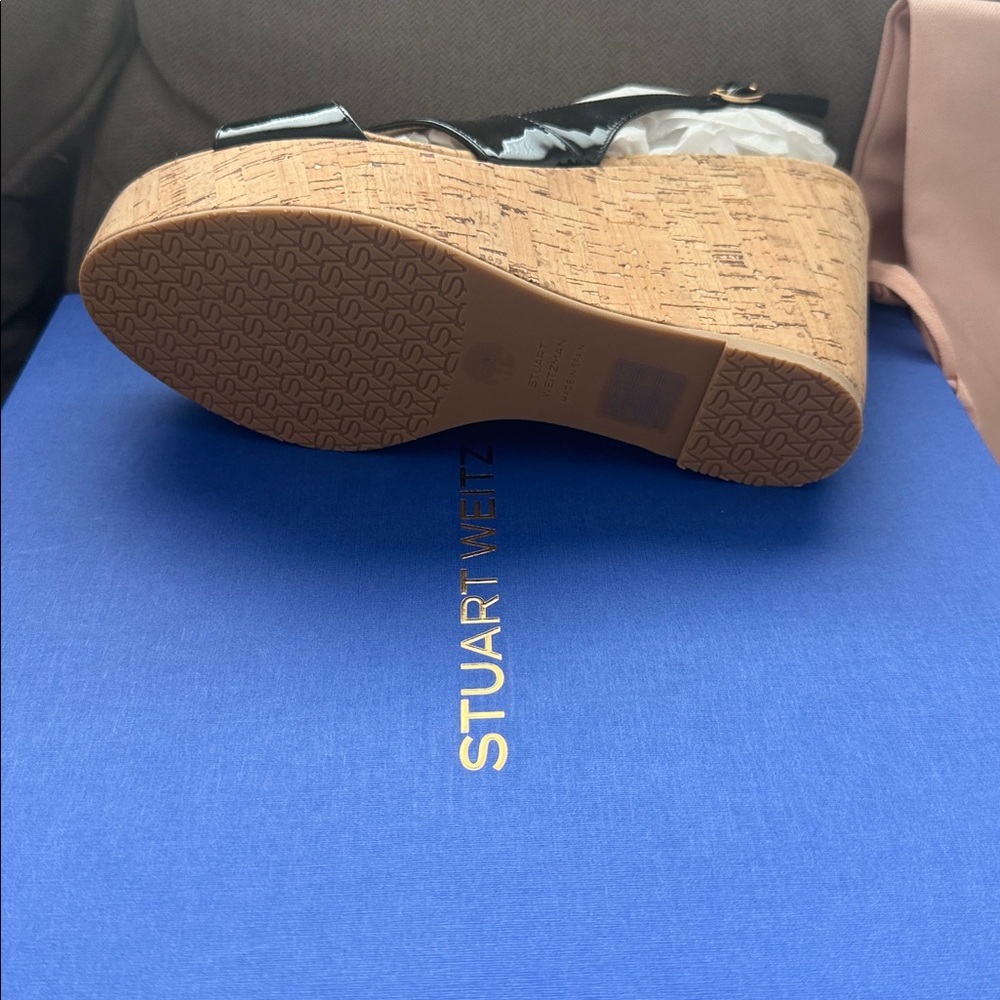 Stuart Weitzman Black and Tan Wedge Sandals - Picture 2 of 3